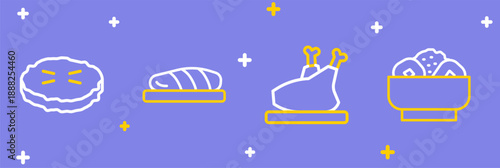 Set line Chow mein on plate, Roasted turkey or chicken, Fish steak and Homemade pie icon. Vector
