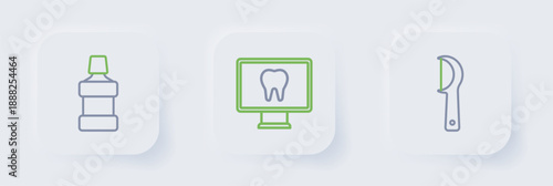 Set line Dental floss, Online dental care and Mouthwash icon. Vector