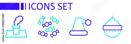 Set line Christmas ball, Santa Claus hat, Candy and chimney icon. Vector