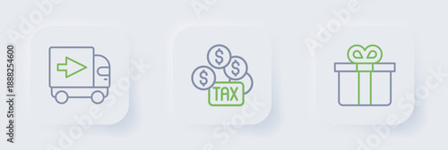 Set line Gift box, Tax payment and Delivery cargo truck icon. Vector