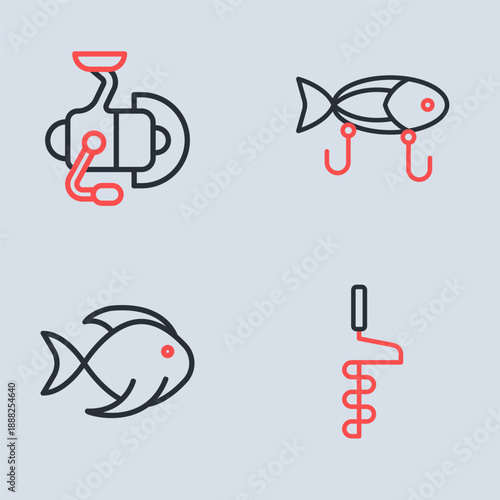 Set line Fishing lure, bucket with fish, Hand ice drill and Spinning reel for fishing icon. Vector