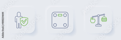 Set line Calorie calculator, Bathroom scales and Healthy lifestyle icon. Vector