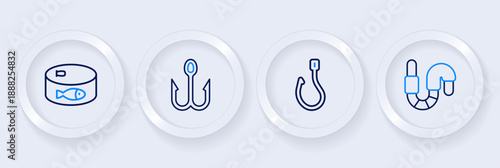 Set line Worm, Fishing hook, and Canned fish icon. Vector