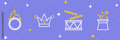 Set line Magician hat, Drum with drum sticks, Jester bells and Circus fire hoop icon. Vector