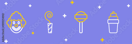 Set line Ice cream in waffle, Lollipop, Birthday party horn and Clown head icon. Vector
