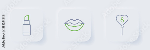 Set line Balloons with 8 March, Smiling lips and Lipstick icon. Vector