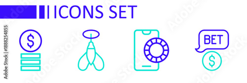 Set line Casino chip with dollar, Online sports betting, Dart arrow and icon. Vector