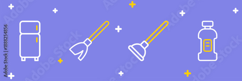 Set line Bottle for detergent, Rubber plunger, Handle broom and Refrigerator icon. Vector