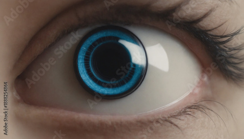 Futuristic robotic mechanical eye with glowing blue lens representing computer vision and artificial intelligence surveillance