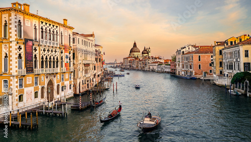 Sunset in Venice, view of Grand Canal and Basilica Santa Maria della Salute from Bridge Ponte dell'Accademia, Italy