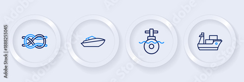 Set line Cargo ship, Submarine, Speedboat and Nautical rope knots icon. Vector