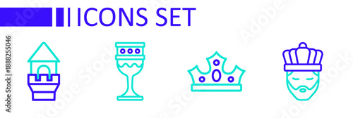 Set line King with crown, Medieval goblet and Castle tower icon. Vector