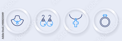 Set line Diamond engagement ring, Christian cross chain, Earrings and Necklace mannequin icon. Vector