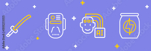 Set line Energy drink, Humanoid robot, Artificial intelligence and Katana icon. Vector