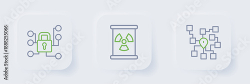Set line Neural network, Radioactive waste in barrel and Cyber security icon. Vector