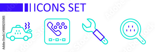 Set line Search taxi, Wrench spanner, Taxi call telephone service and Broken car icon. Vector
