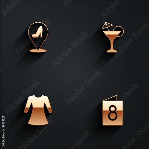 Set Woman shoe, Martini glass, dress and Greeting card with 8 March icon with long shadow. Vector