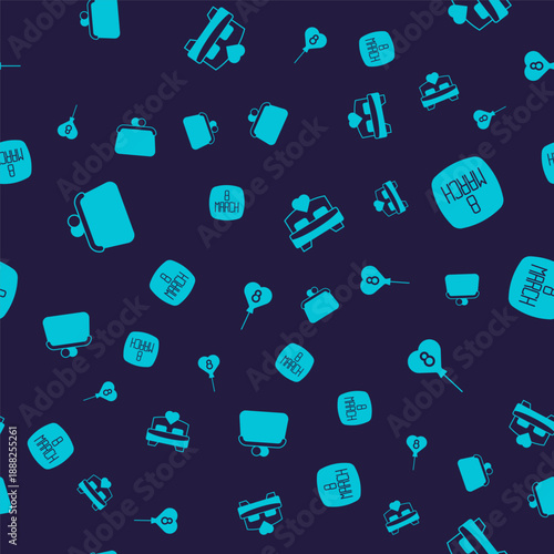 Set Handbag, 8 March, Bedroom and Balloons with on seamless pattern. Vector