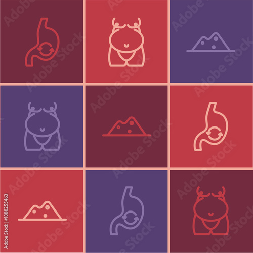 Set line Human stomach health, Salt and Obesity icon. Vector