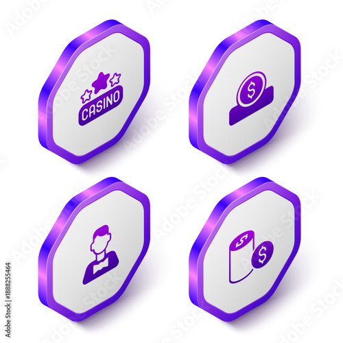 Set Isometric Casino signboard, Coin money with dollar, dealer and chip icon. Purple hexagon button. Vector