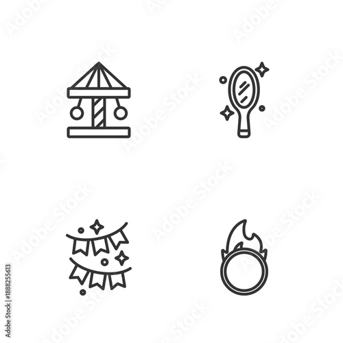 Set line Circus fire hoop, Carnival garland with flags, Attraction carousel and Magic hand mirror icon. Vector