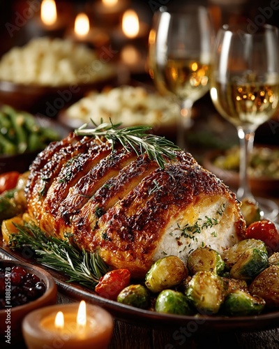 Close-up of roasted turkey dinner setup with vegetables and wine glasses for Thanksgiving