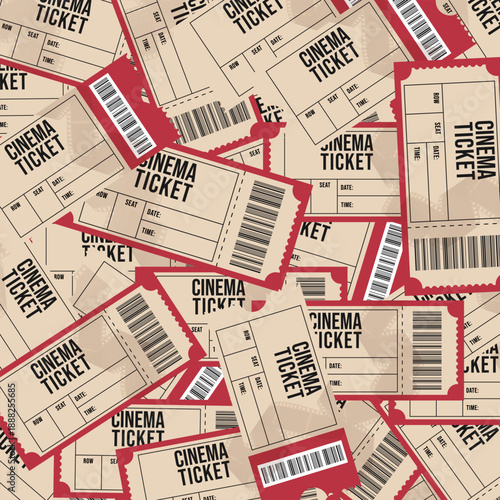 Seamless pattern of vintage cinema passes arranged in a dynamic scattered layout. Retro style with barcodes and data fields, ideal for backgrounds, print products, packaging and themed visuals.