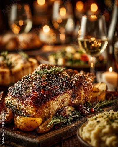 Close-up of roasted turkey dinner setup with vegetables and wine glasses for Thanksgiving