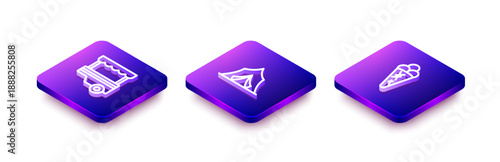 Set Isometric line Fast street food cart, Circus tent and Ice cream in waffle icon. Vector