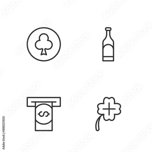 Set line Casino slot machine with clover, Automated teller and money, Playing card clubs symbol and Bottle of wine icon. Vector