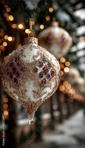 Close-up view of sparkling Christmas ornaments on a decorated Christmas tree