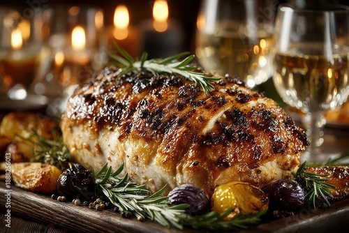 Close-up view of traditional roasted turkey with vegetables and wine glasses on a wooden table for Thanksgiving dinner