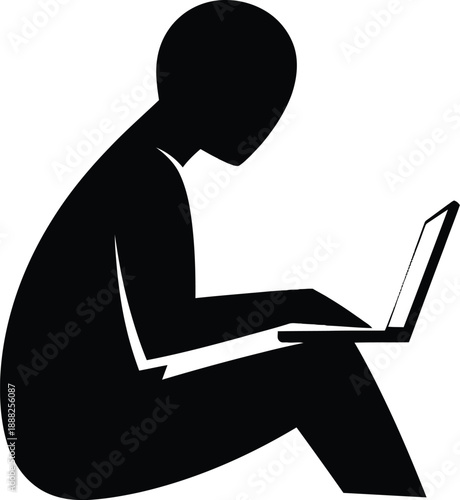 A person sitting and using a laptop computer in a simple black silhouette