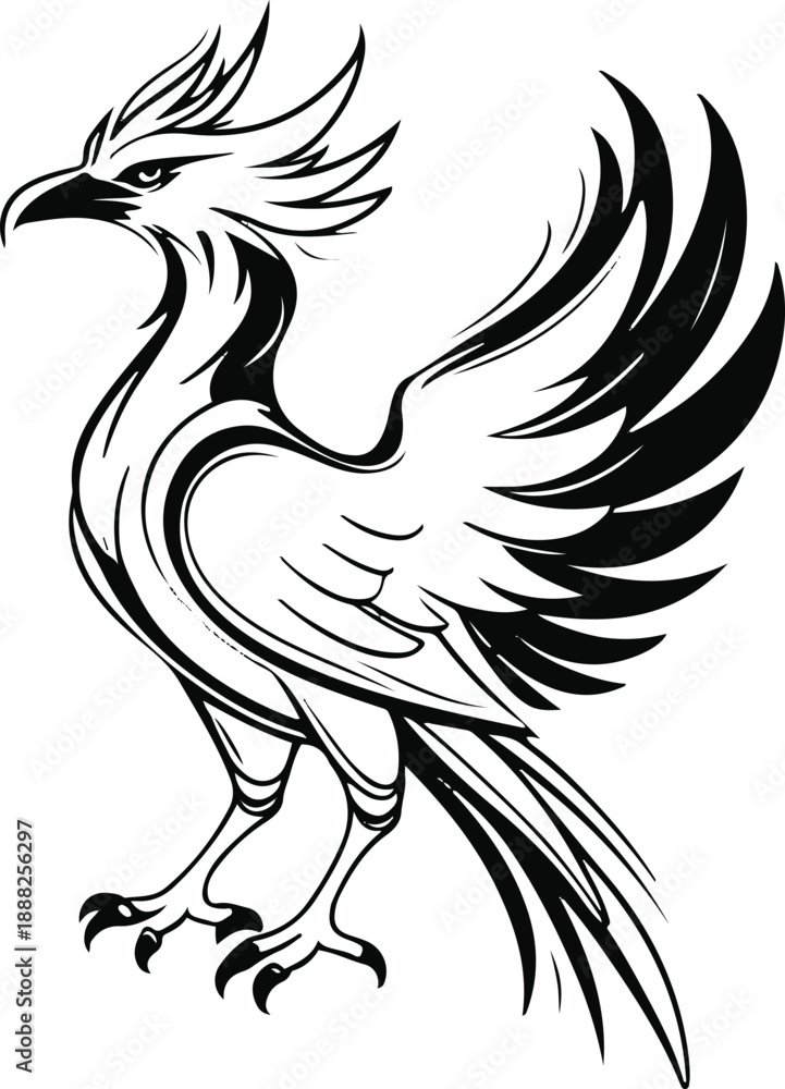 Fototapeta premium Digital phoenix bird with futuristic style, bold black thick outline only, minimal NFT inspired illustration 1