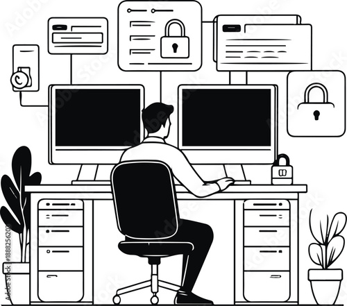  Cyber security office scene with monitors and locks, bold black thick outline, IT security business concept, minimal flat illustration 1t