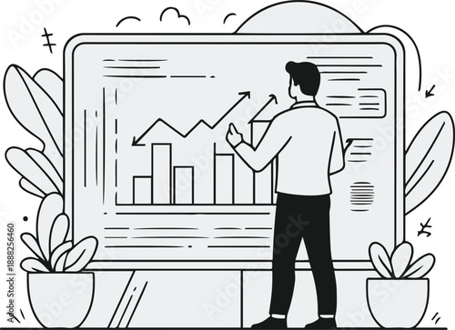  Startup pitch scene with presenter and screen, bold black thick outline, business growth concept, minimal flat illustration, strong contour lines