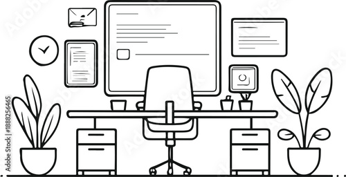  Virtual office space with digital desks and screens, bold black thick outline, remote work concept, minimal flat illustration, strong contour lines 3