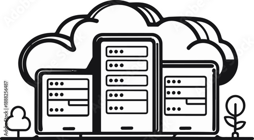 Cloud storage system with servers and folders, bold black thick outline, minimal flat business illustration, strong contour lines, no shading, no gradients, white background, clean line art, no text, 