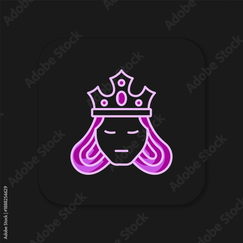 Filled outline Princess or queen wearing her crown icon isolated on black background. Medieval lady. Flat filled outline style with shadow. Vector