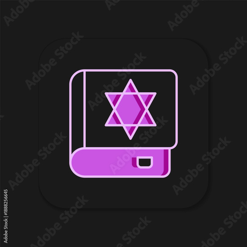 Filled outline Jewish torah book icon isolated on black background. On the cover of the Bible is the image of the Star of David. Flat filled outline style with shadow. Vector
