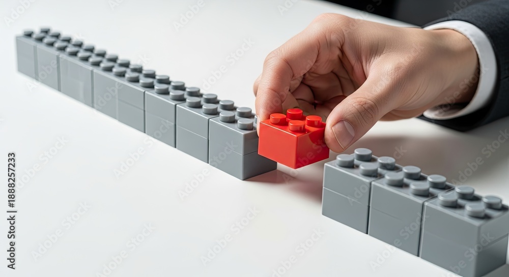 Fototapeta premium Hand Places a Red Lego Brick in a Row of Gray Lego Bricks on White Table.