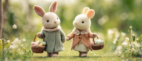 Cute Bunny and Mouse Walking Through Spring Meadow with Easter Eggs