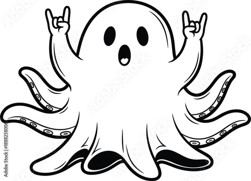 Cute ghost octopus vector character with tentacles making rock and roll hand signs for Halloween themed heavy metal music festival designs.