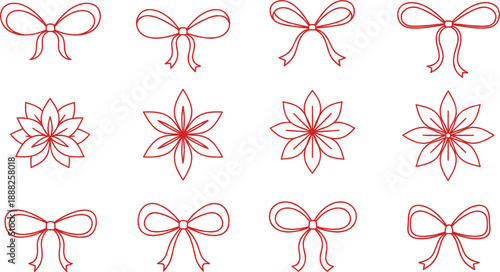Decorative red ribbon bows and hand drawn flower symbols set for greeting cards festive packaging feminine branding and seasonal craft projects flat vector.
