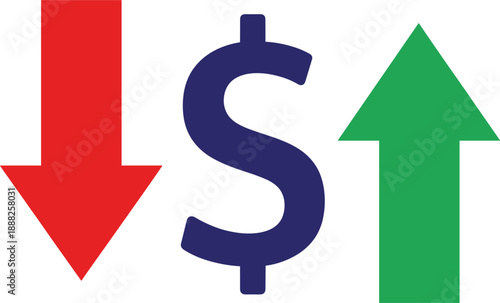 Financial dollar sign icon with green up arrow and red down arrow representing currency exchange rate fluctuations and stock market volatility trends.