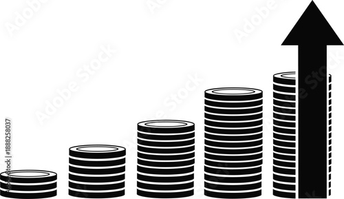 Financial growth concept featuring stacks of coins forming a bar chart with an upward arrow for investment success and capital accumulation.