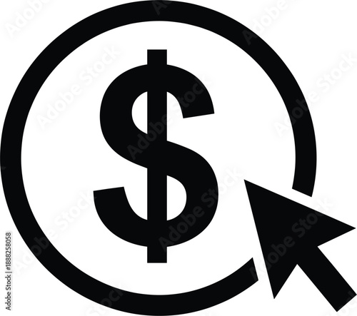 Pay per click vector icon featuring a dollar sign coin and mouse cursor for digital marketing advertising and online banking services.
