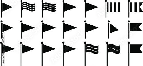 Set of black flag icons in various shapes including pennants waving flags and rectangles for marking locations map pointers and goal achievement symbols.