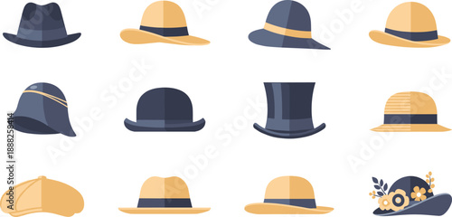 Classic Hat Collection with Fedora, Top Hat and Sun Hat Flat Vector Set