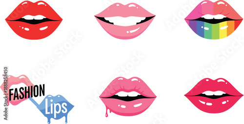 Glossy Lips Icon Set with Fashion and Rainbow Lipstick Flat Vector Illustration